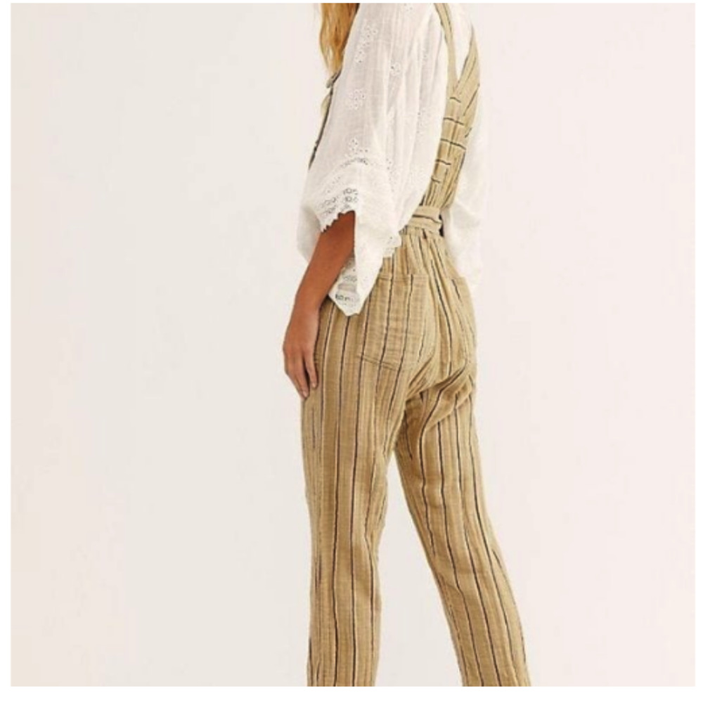 Free People Striped Tan and Black Linen Blend Overalls